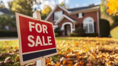 A for sale sign in front of a house with leaves on the ground
