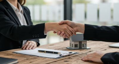 Home seller and real estate agent shaking hands over successful agreement in modern office with contract, pen, and model house on the table.